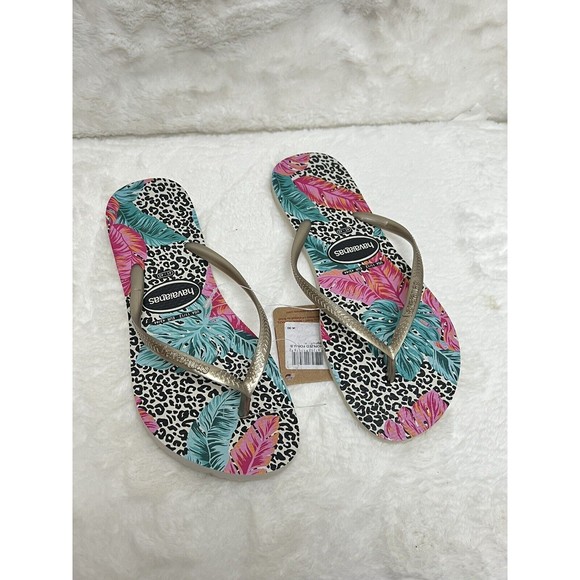 Havaianas Womens Slim Animal Print Leaf Floral Pink Beige Flip- Flops Size 11/12 - Picture 3 of 6